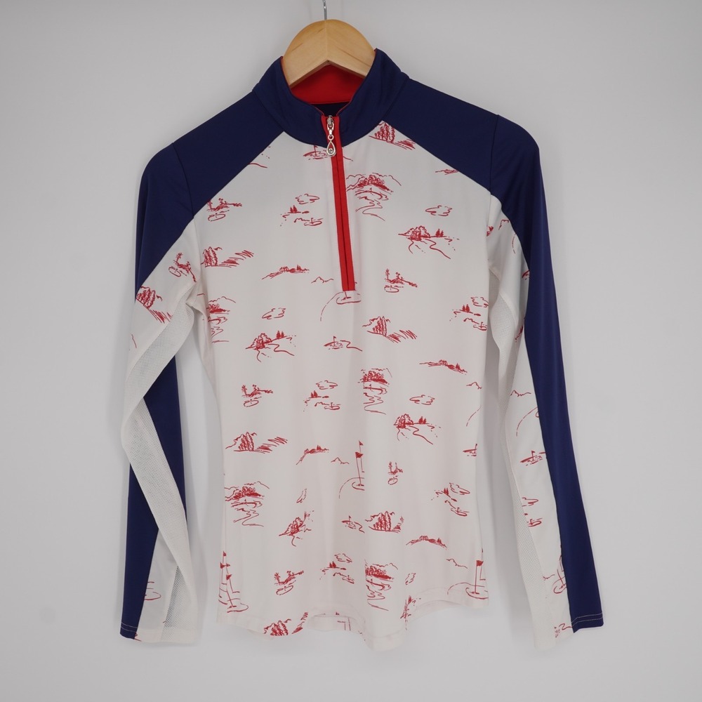 San Soleil 1/4 Zip Pullover Golf Shirt Womens XS White Golf Print UPF50 Preppy - Picture 2 of 9